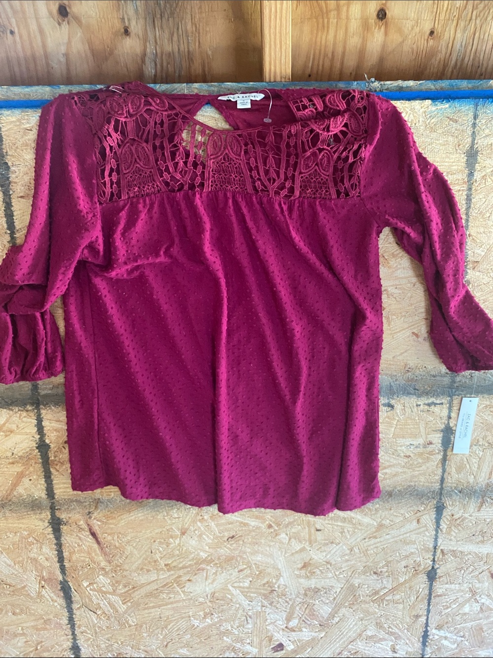Zac & Rachel Burgundy Lace Yoke Dot-Texture Blouse